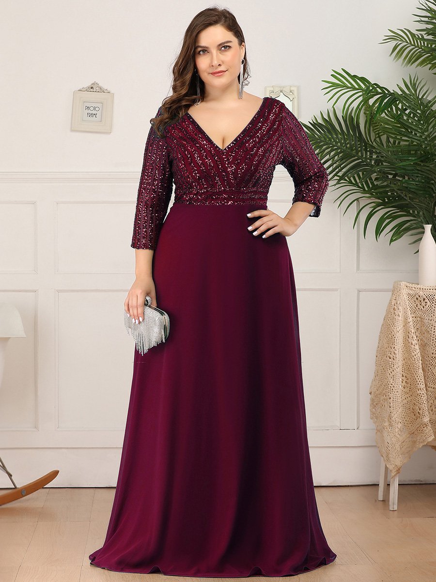 Abito da sera in paillettes, scollo a V, plus size, con maniche, scollatura ad A