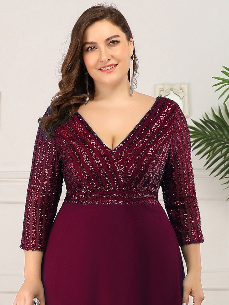 Abito da sera in paillettes, scollo a V, plus size, con maniche, scollatura ad A