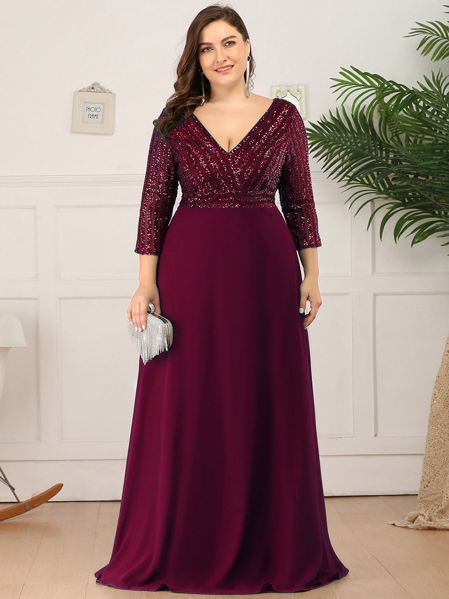 Abito da sera in paillettes, scollo a V, plus size, con maniche, scollatura ad A