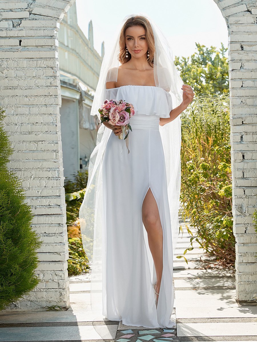 Abito da sposa semplice off-the-shoulder in chiffon con spacco laterale