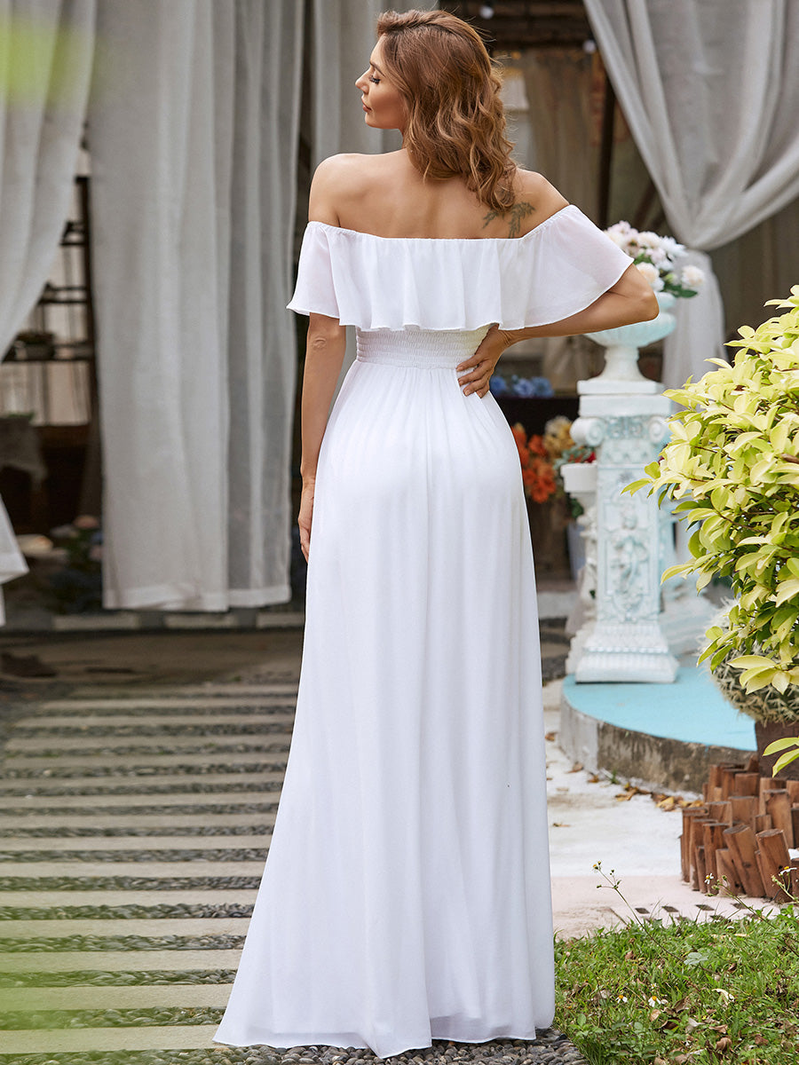 Abito da sposa semplice off-the-shoulder in chiffon con spacco laterale