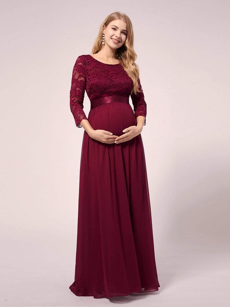 Elegante abito premaman in chiffon di seta con maniche a 3/4 in pizzo spaccato