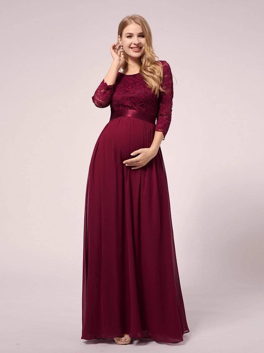 Elegante abito premaman in chiffon di seta con maniche a 3/4 in pizzo spaccato