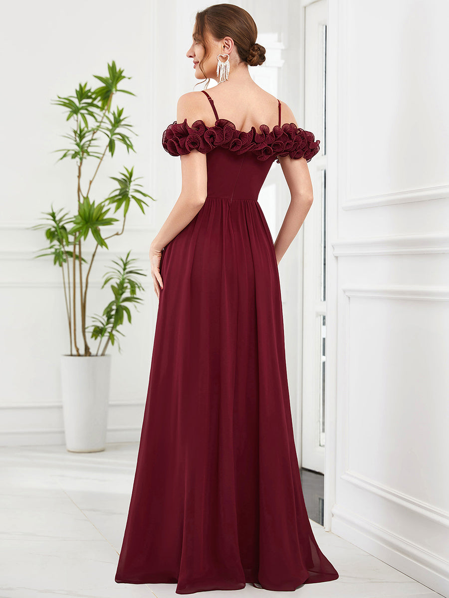 Abito da damigella in chiffon, off-the-shoulder, spalline sottili con rouches