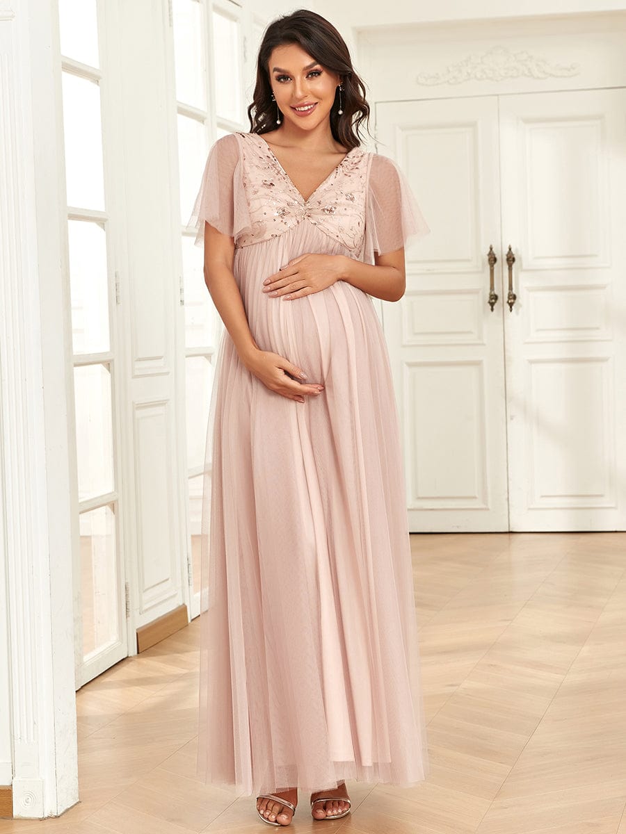 Abito premaman a trapezio in tulle con paillettes, scollo a V, maniche corte