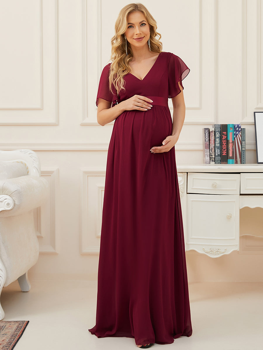 Elegante abito premaman floreale lungo con maniche a farfalla in chiffon a doppia linea A-Line