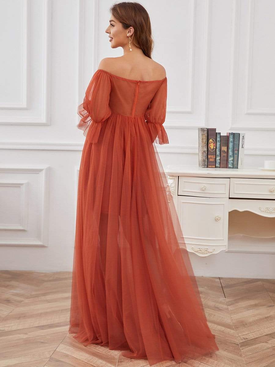 Maxi abito premaman in tulle plissettato con spalle scoperte