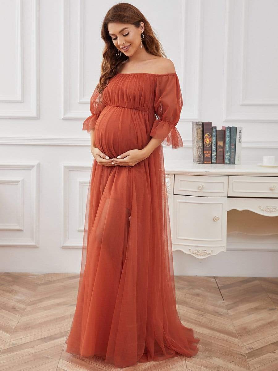 Maxi abito premaman in tulle plissettato con spalle scoperte