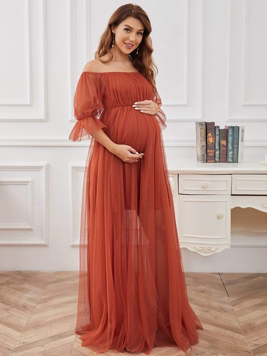 Maxi abito premaman in tulle plissettato con spalle scoperte