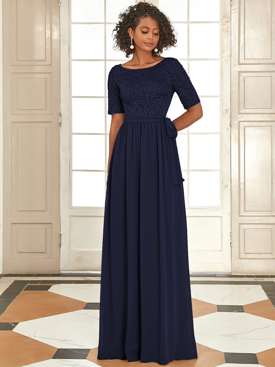 Elegante abito da sera in pizzo e chiffon con cintura per donna