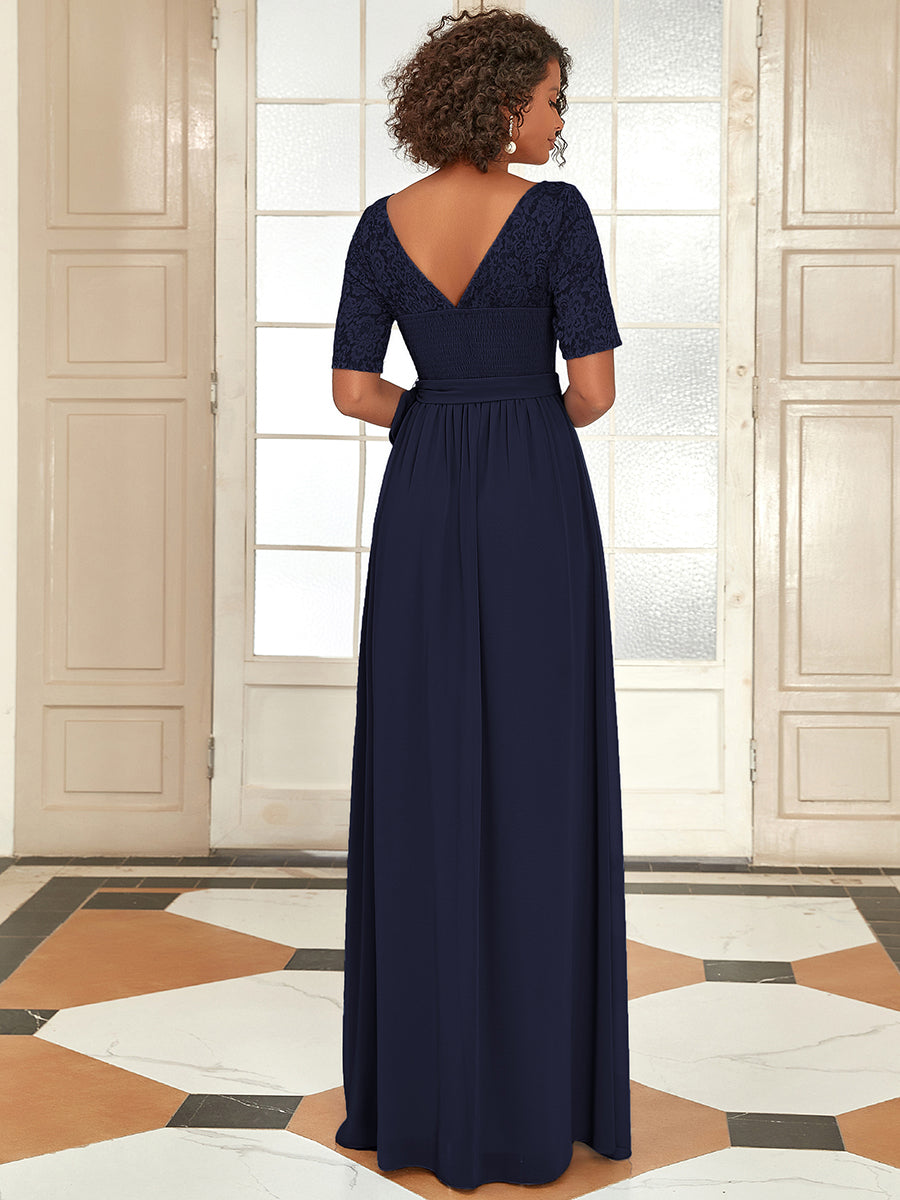 Elegante abito da sera in pizzo e chiffon con cintura per donna