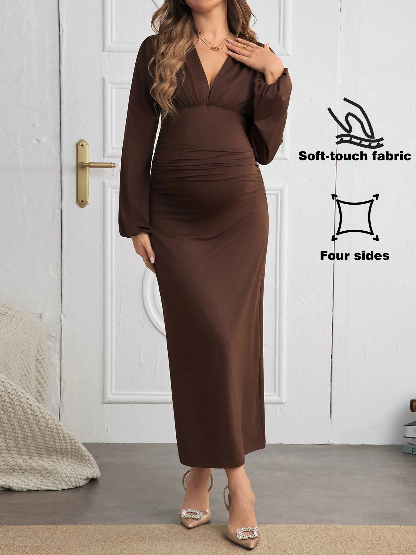 Maternitate baby shower rochie pentru femei cu mâneci de culoare solidă cu decolteu în V rochie plisată