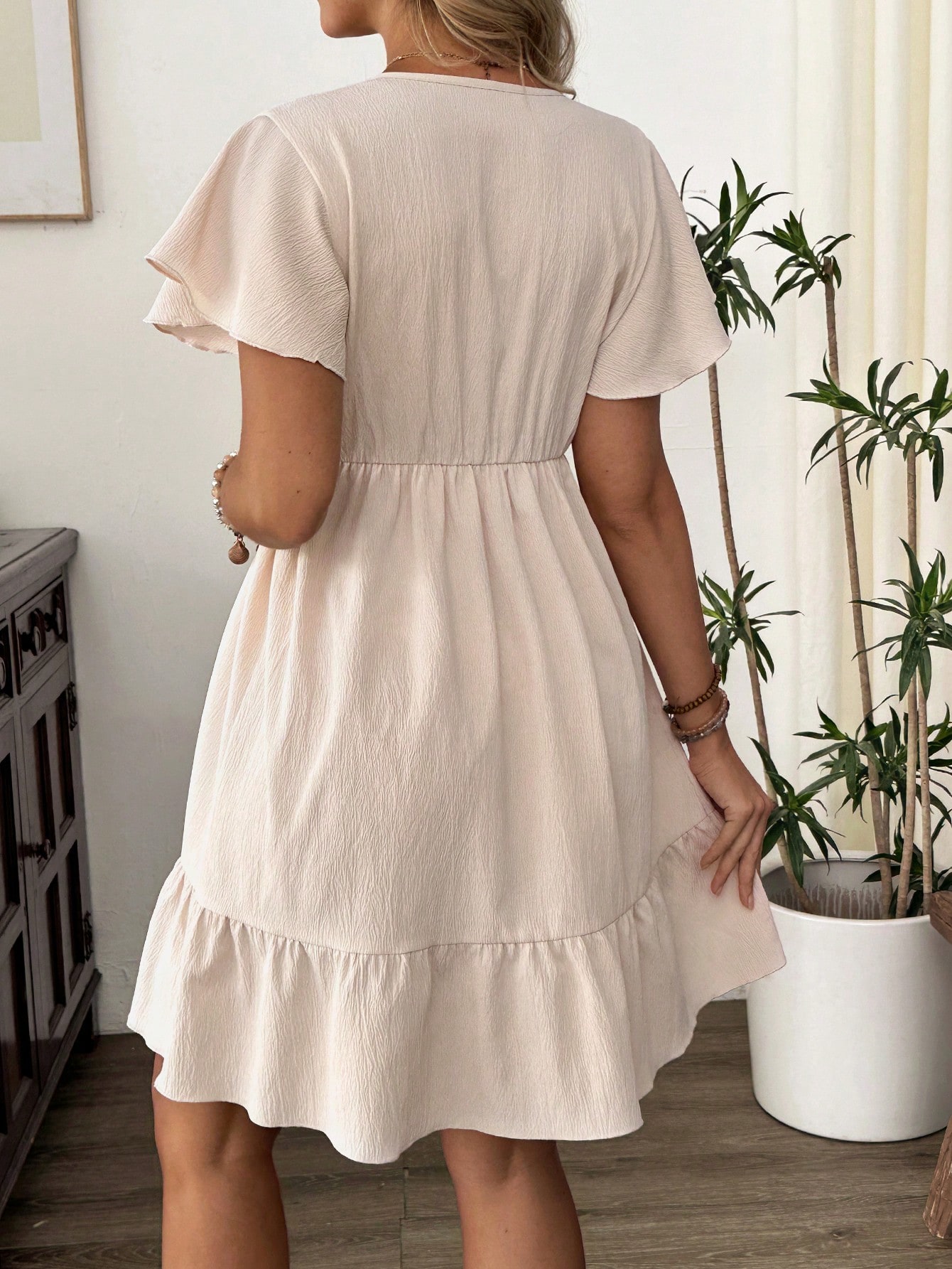 Rochie midi de maternitate cu decolteu în V și volane, de vară, pentru femei, de culoare caise