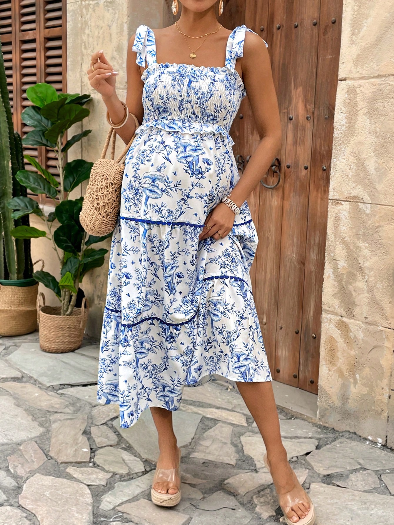 Rochie de maternitate cu bretele florale, rochie de sarcină cu bretele