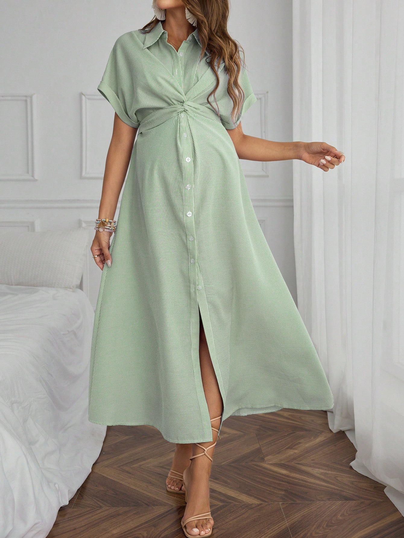 Femeile gravide casual & afaceri culoare solidă răsucire batwing maneca buton față cămașă rochie rochie de maternitate