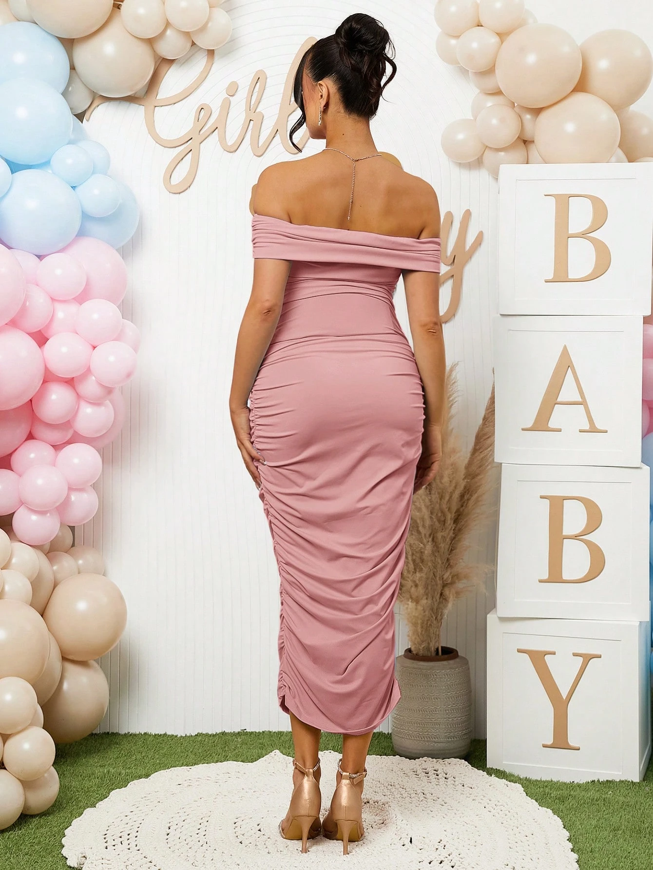 Rochie bodycon elegantă de maternitate de culoare solidă fără umeri cu volane, de vară