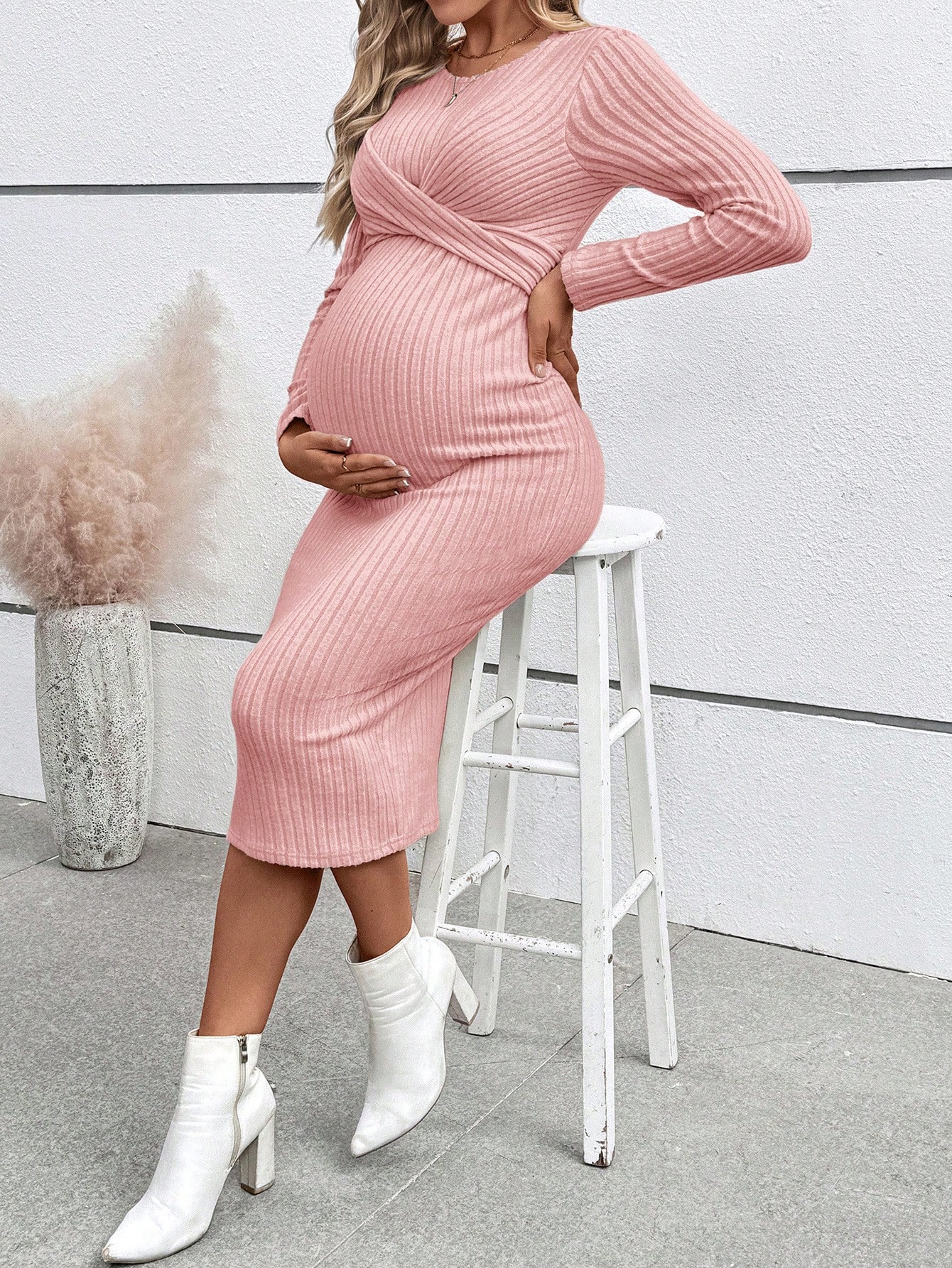 Rochie de maternitate toamnă casual culoare solidă coaste tricot bodycon, rochie tricot bodycon