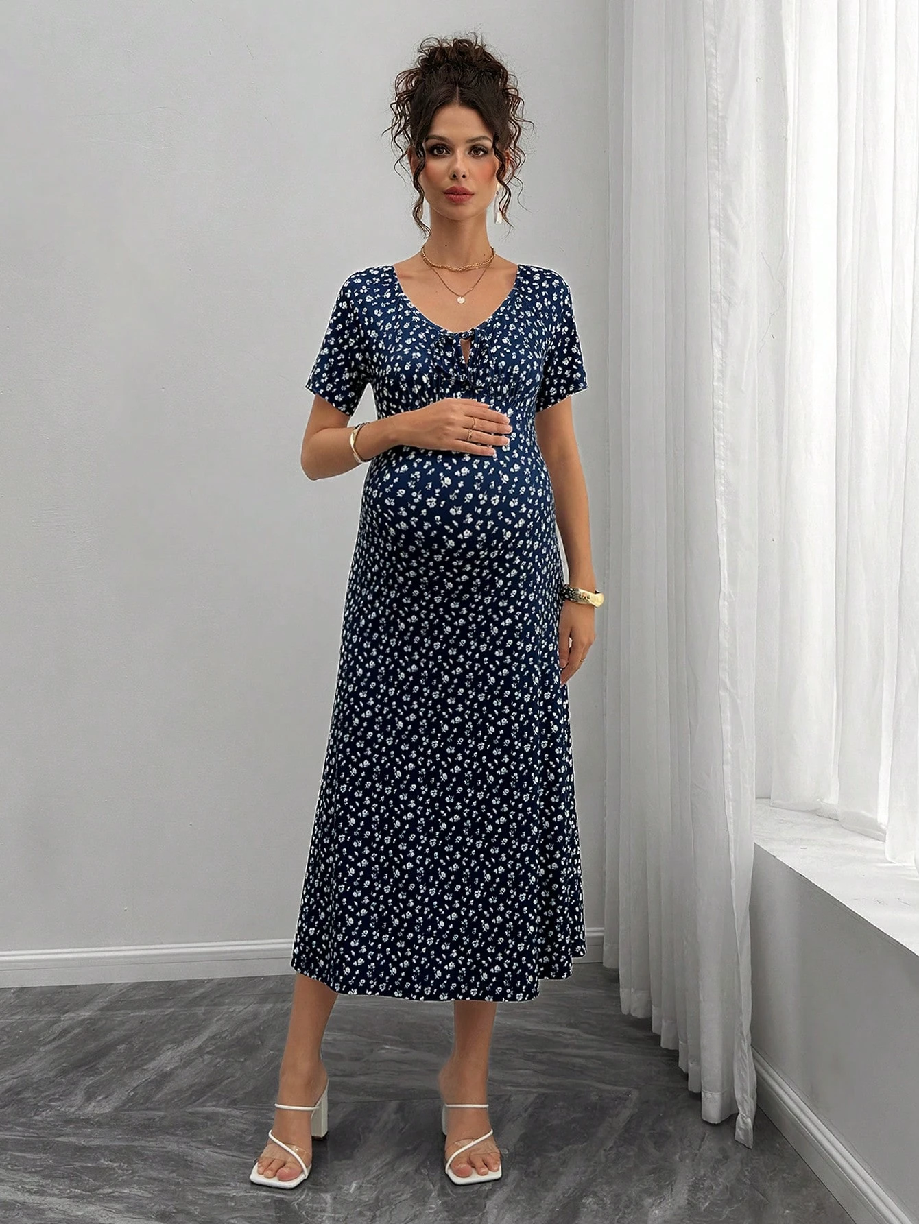 Kismama ditsy virágos virágos nyakkendő elöl rövid ujjú elegáns ruha a nyaraláshoz