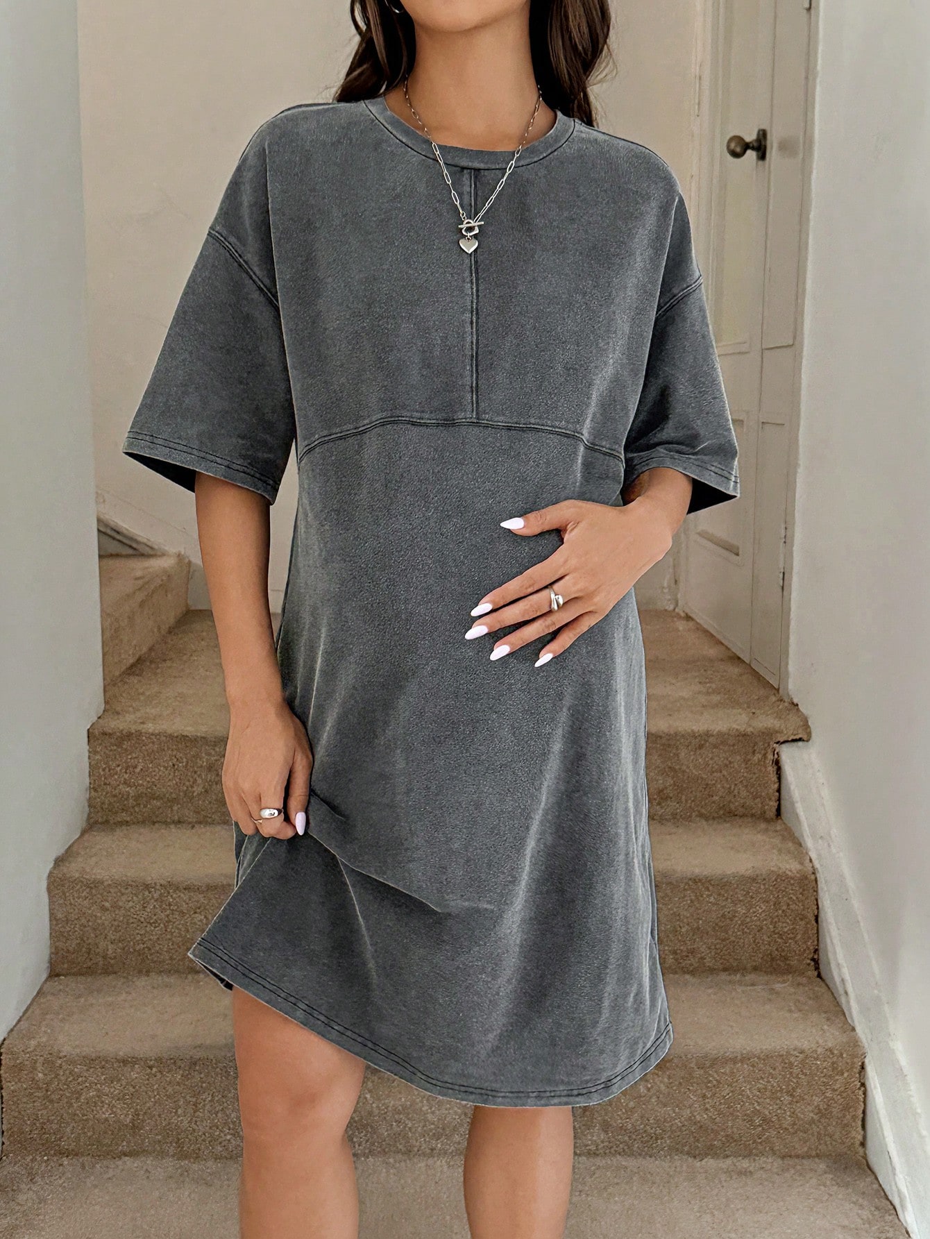 Rochie de maternitate culoare solidă picătură umăr rotund gât distressed casual rochie de vară y2k haine