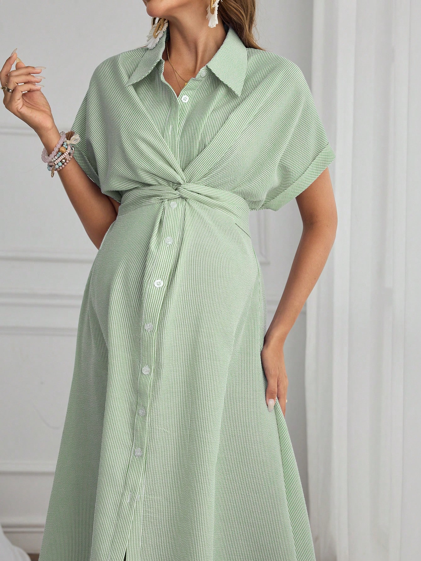 Femeile gravide casual & afaceri culoare solidă răsucire batwing maneca buton față cămașă rochie rochie de maternitate