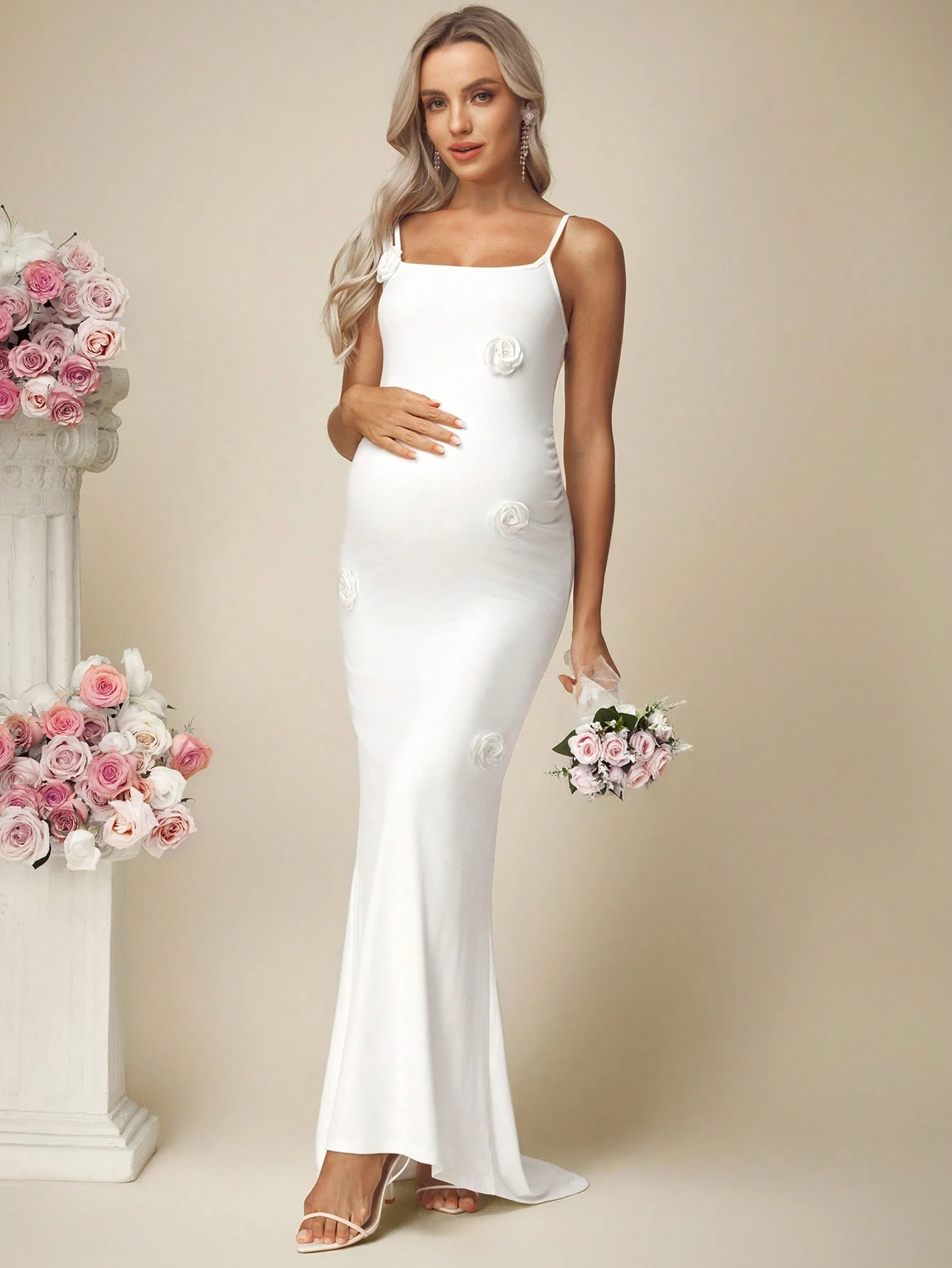 Rochie fără mâneci de culoare solidă cu tiv de sirenă pentru femei însărcinate, potrivită pentru nuntă, logodnă rochii pentru femei eveniment de nuntă rochie de mireasă rochie albă elegantă cu clasă rochie de maternitate