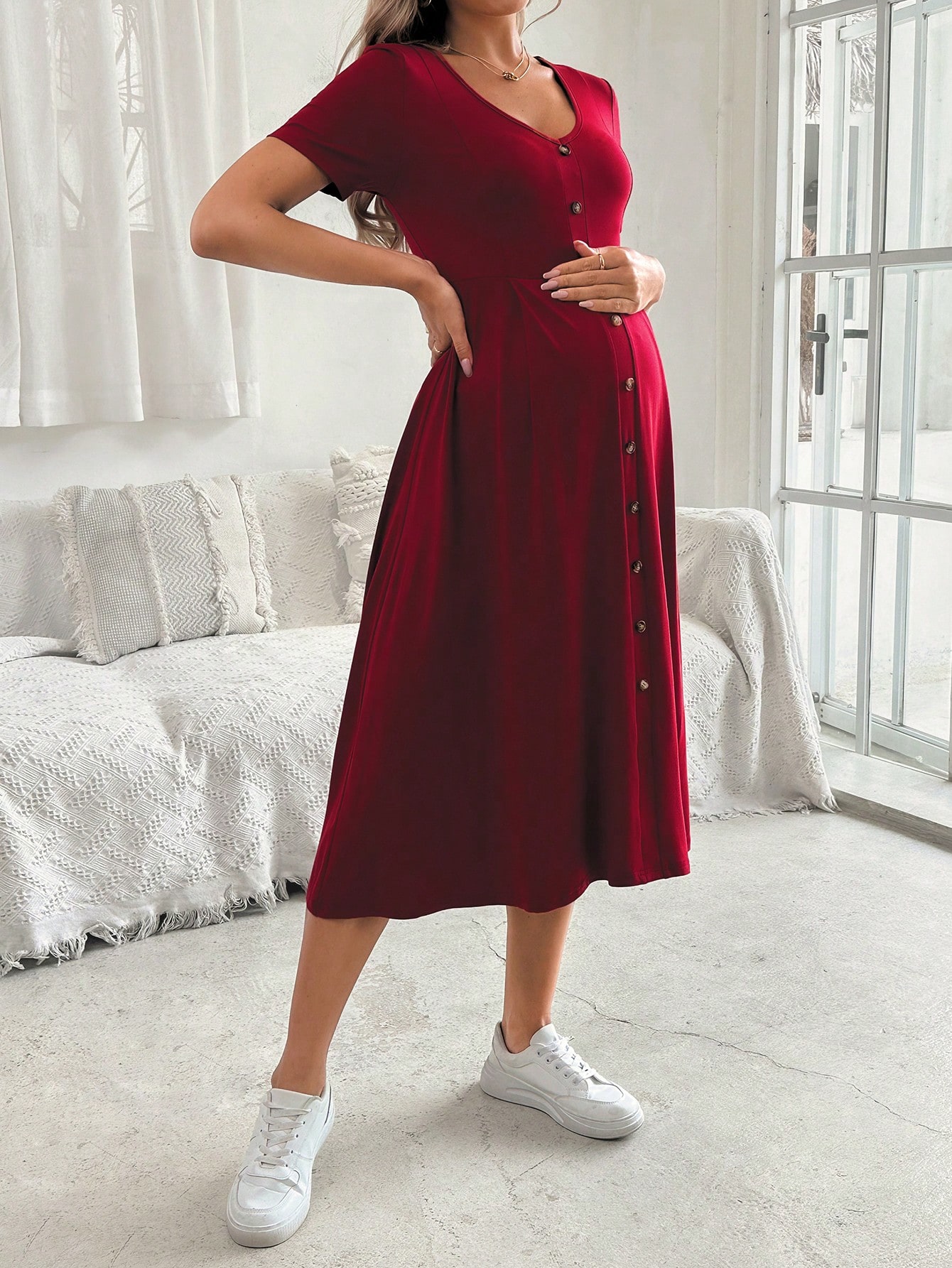 Femei elegant v-neck cu mânecă scurtă a-line buton decor rochie de maternitate pentru vara