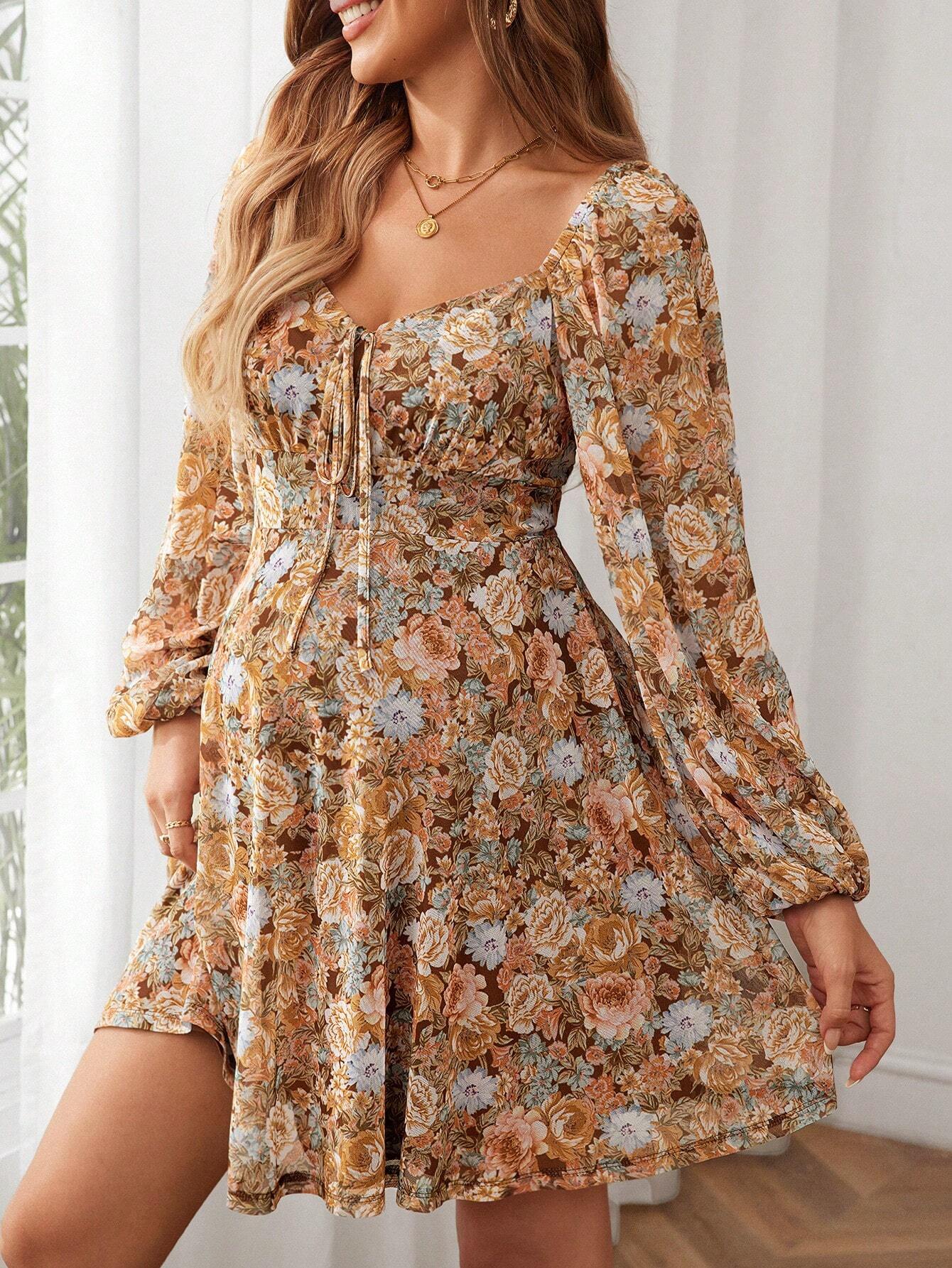 Rochie pentru gravide cu imprimeu floral, cu nod în față și mânecă lanternă