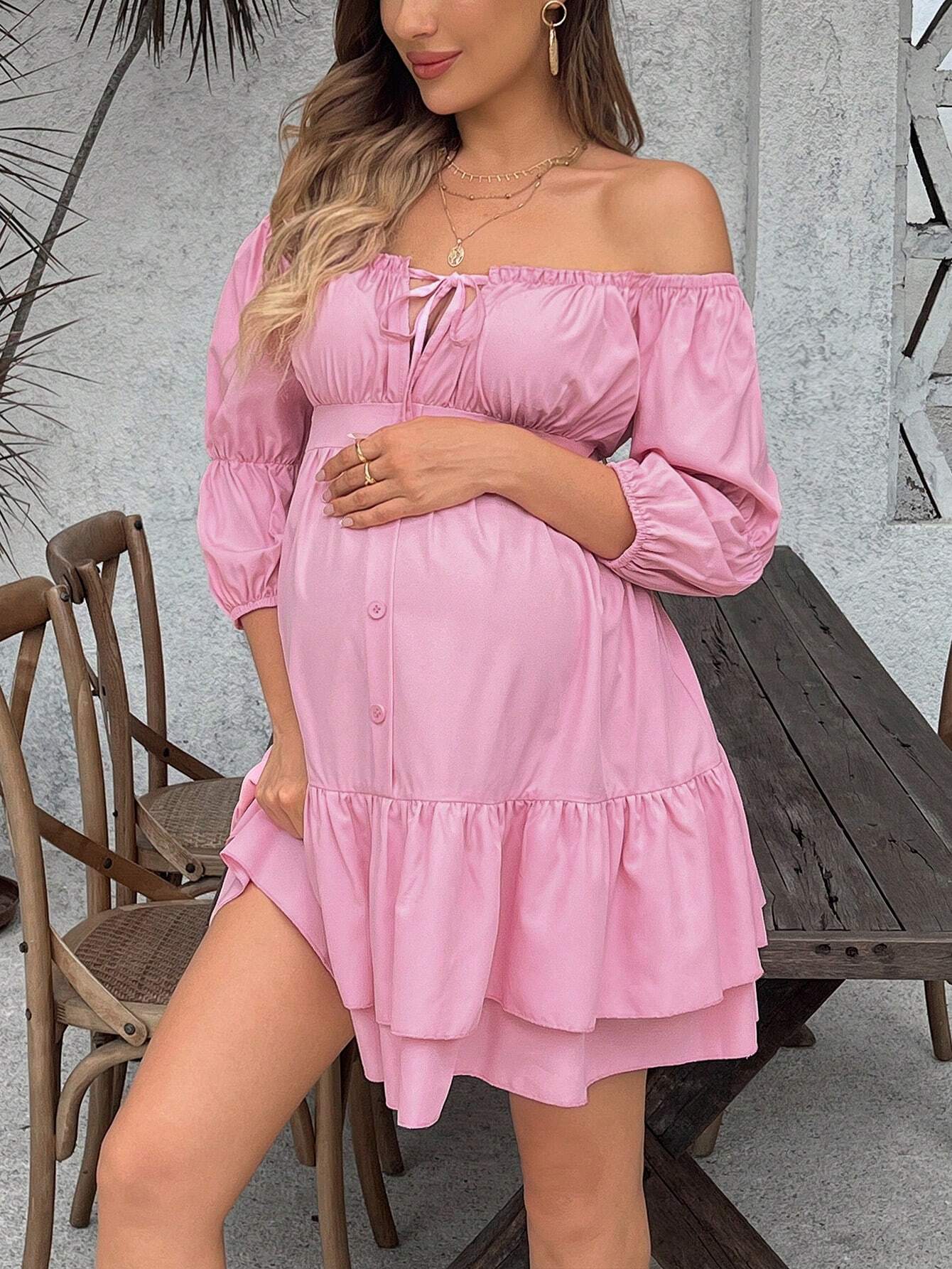 Rochie pentru maternitate rochie de vacanță casual de culoare solidă cu volane tiv cu volane rochie midi