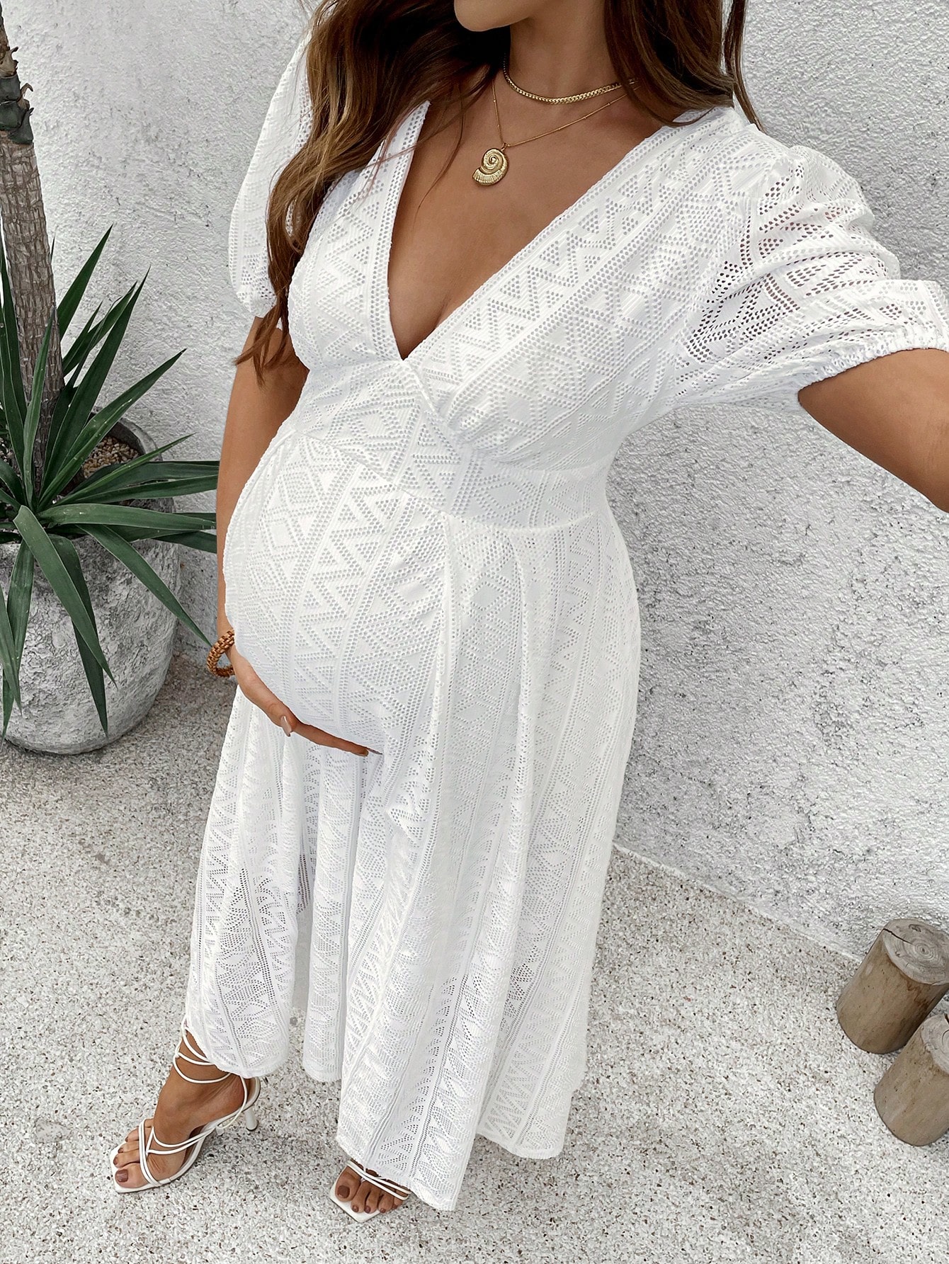 Femei gravide gol geometric v-neck puff maneca rochie elegantă ținute de vară rochie de maternitate pentru femei