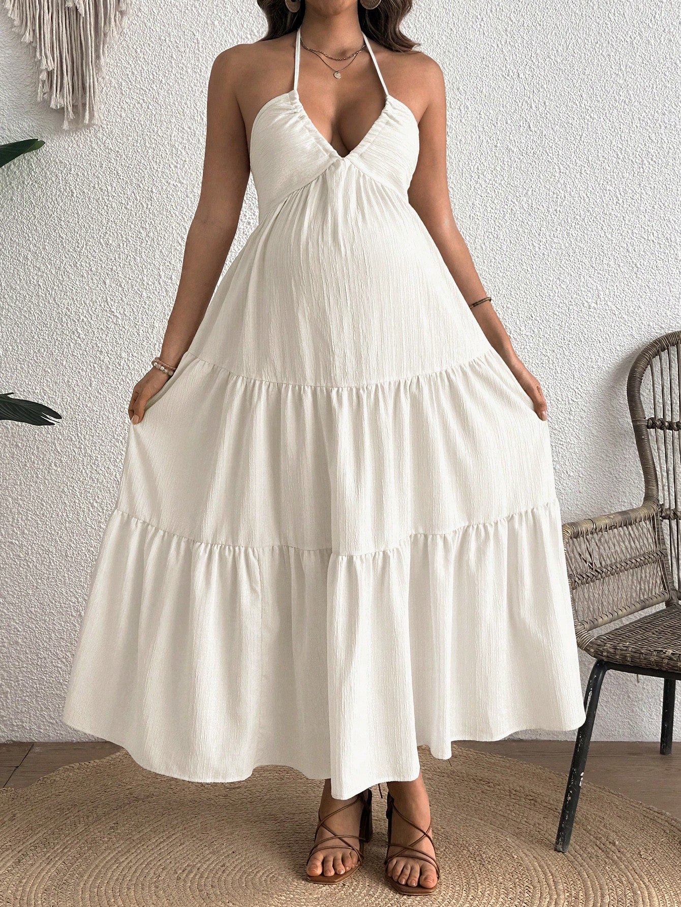 Rochie de maternitate maxi fără spate de culoare solidă