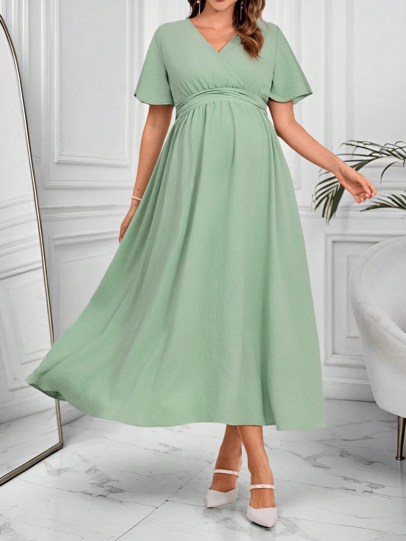Rochie de maternitate elegantă cu mânecă scurtă, cu volane și decolteu în V, de culoare solidă, pentru femei însărcinate