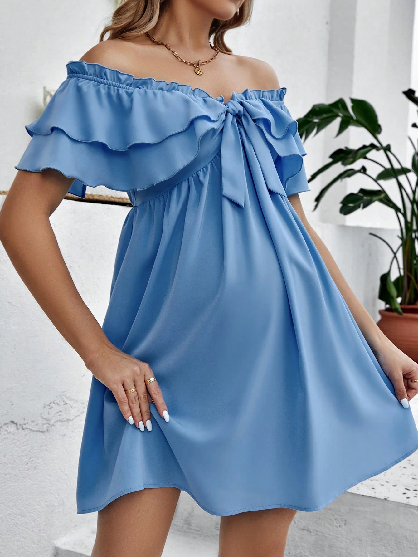 Rochie pentru gravide off shoulder cu nod în față rochie cu volane