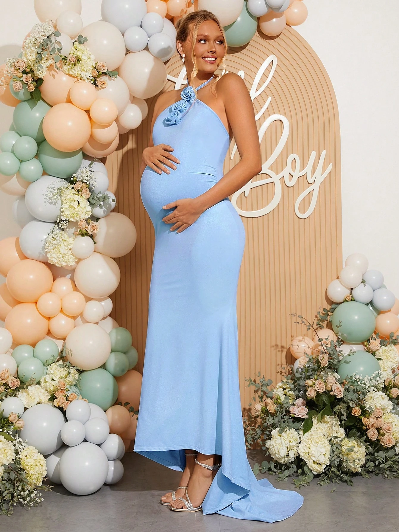 Enfarget, ensfarget kjole med 3D-blomsterdekor, elegant halterkjole med fiskehale, kjole for å avsløre kjønn, barselkjole, kjole til babyshower, bursdagsantrekk for kvinner, klubbantrekk