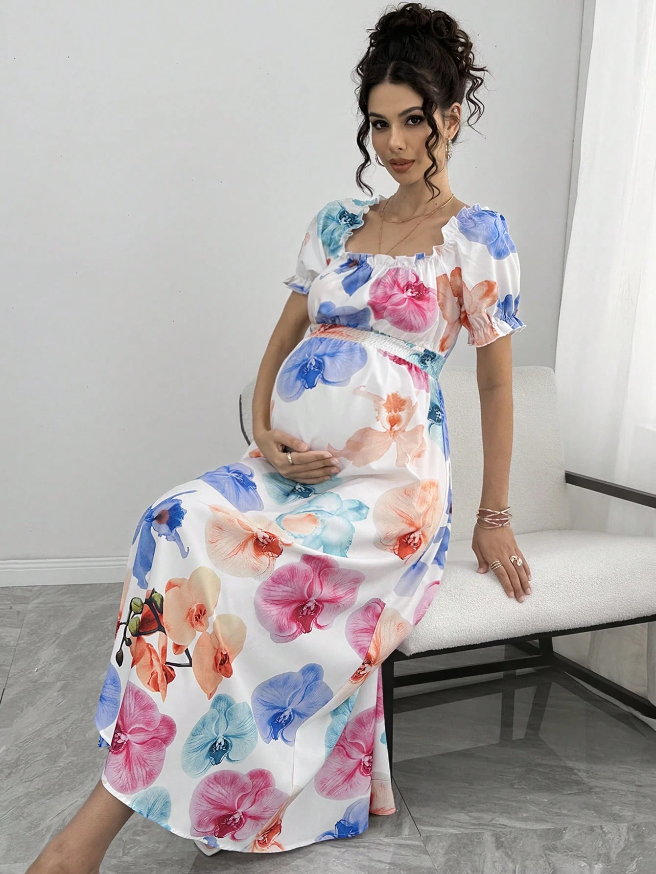 Rochie elegantă cu mâneci bufante și gât tip barcă cu imprimeu floral pentru maternitate pentru vacanța de vară