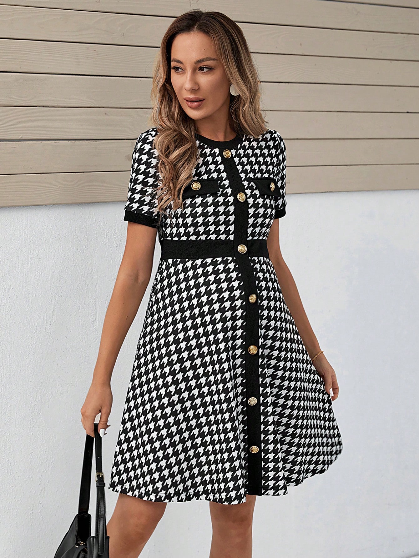 Rochie pentru gravide cu imprimeu houndstooth rochie cu nasturi în față