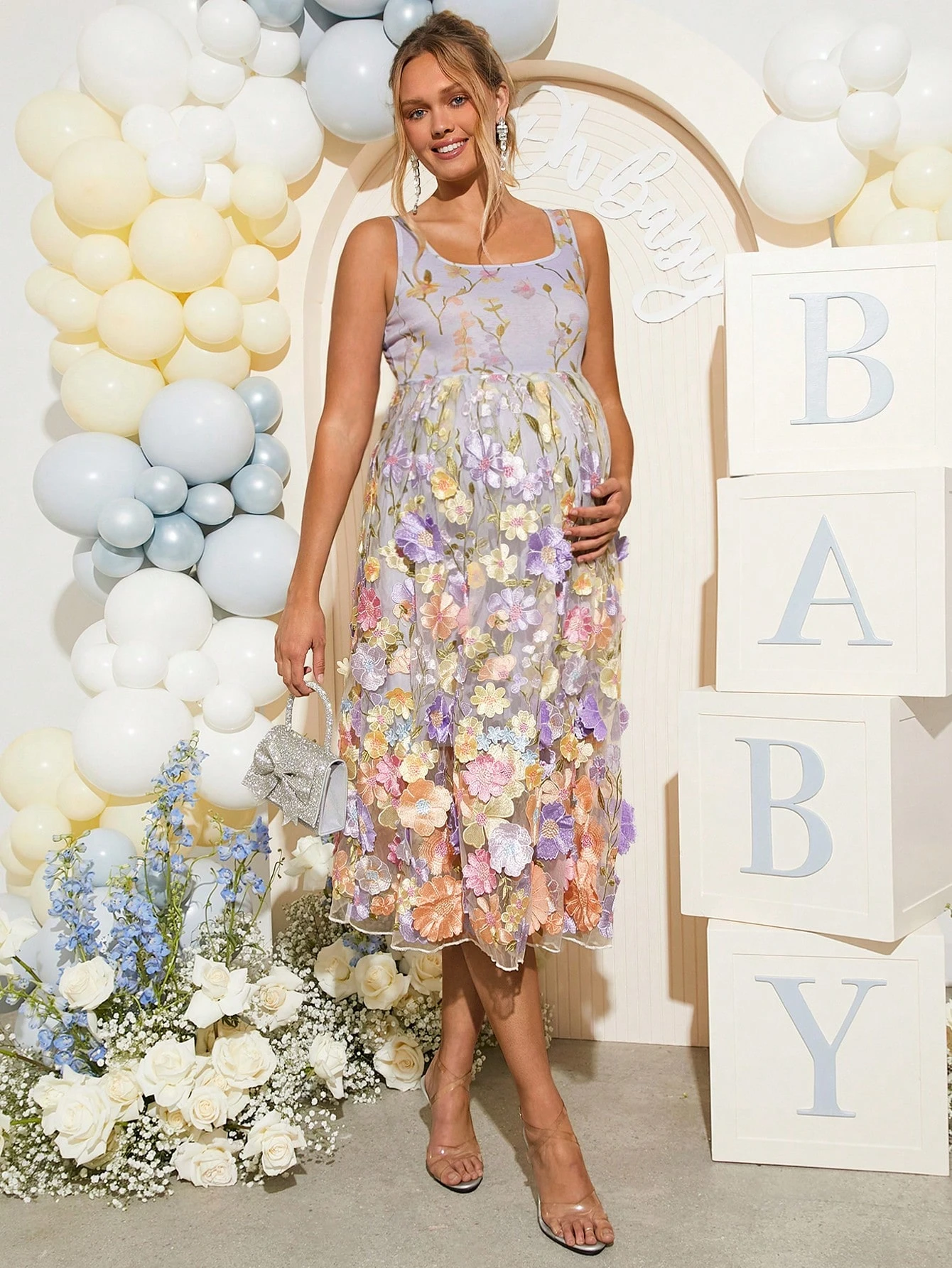 Rochie elegantă fără mâneci de vară cu broderie florală pentru maternitate, rochie de dezvăluire a genului, rochie de duș pentru copil, rochie de maternitate