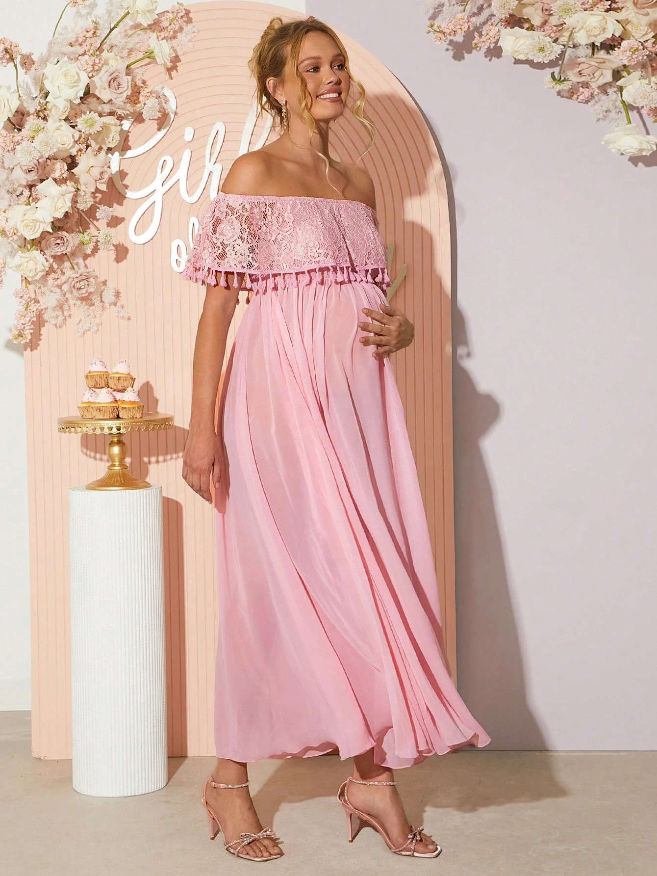 Rochie de maternitate elegantă de dantelă de contrast cu volane off-shoulder pentru femei însărcinate, rochie de dezvăluire a genului, rochie de duș pentru copil, rochie de maternitate