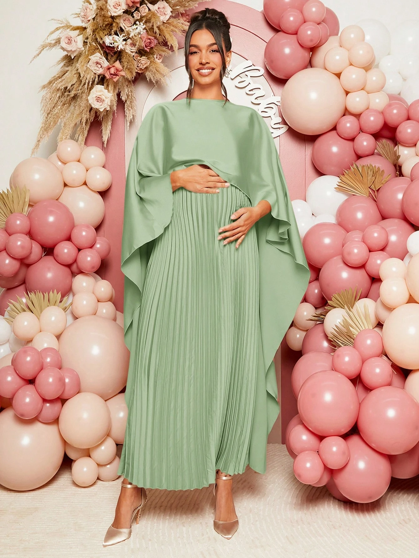 Femei gravide culoare solidă elegant plisat guler șal rochie rochie de maternitate