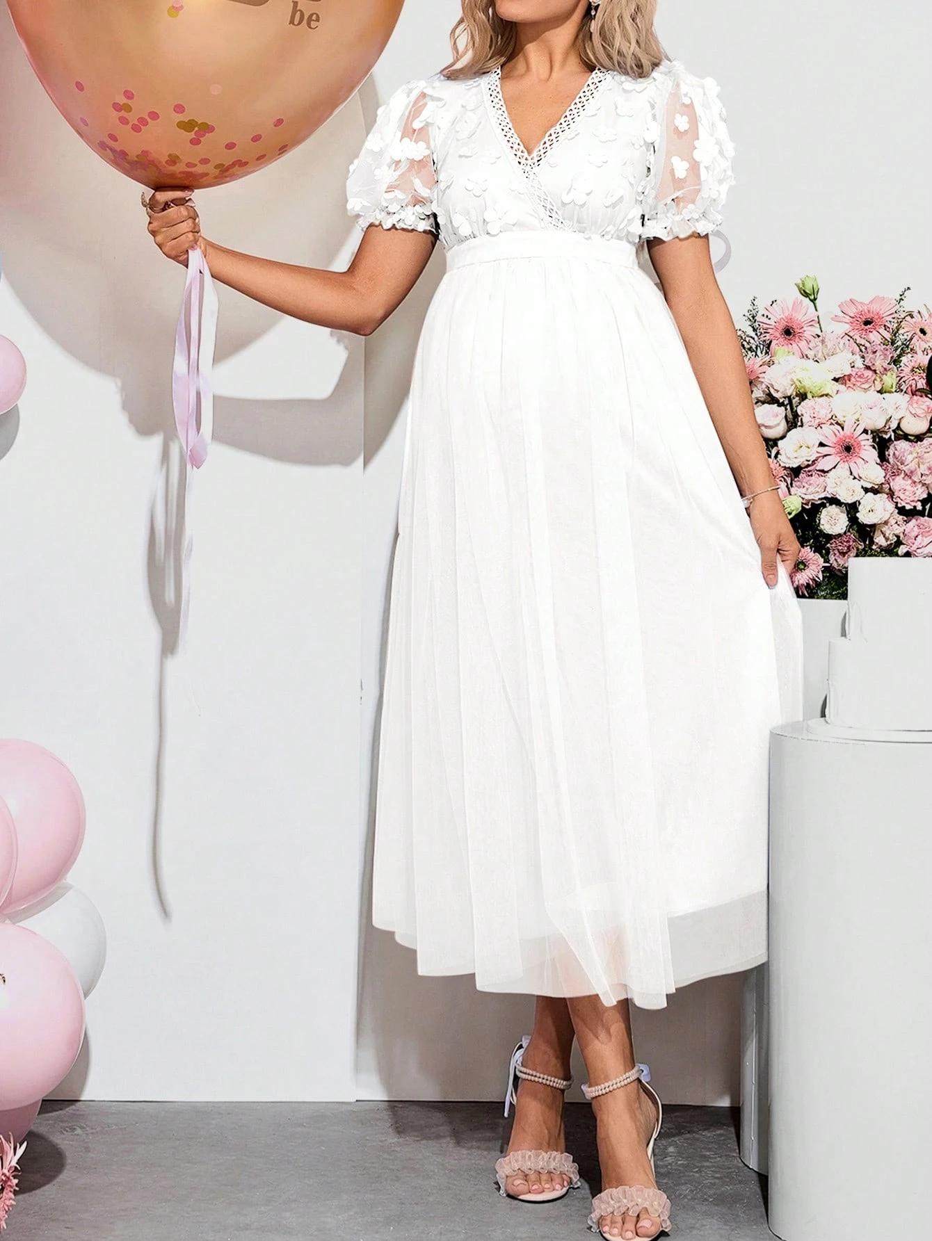 Gender reveal dress maternitate v-neck sheer mesh contrast rochie cu mânecă scurtă, perfectă pentru vacanță petrecere baby shower