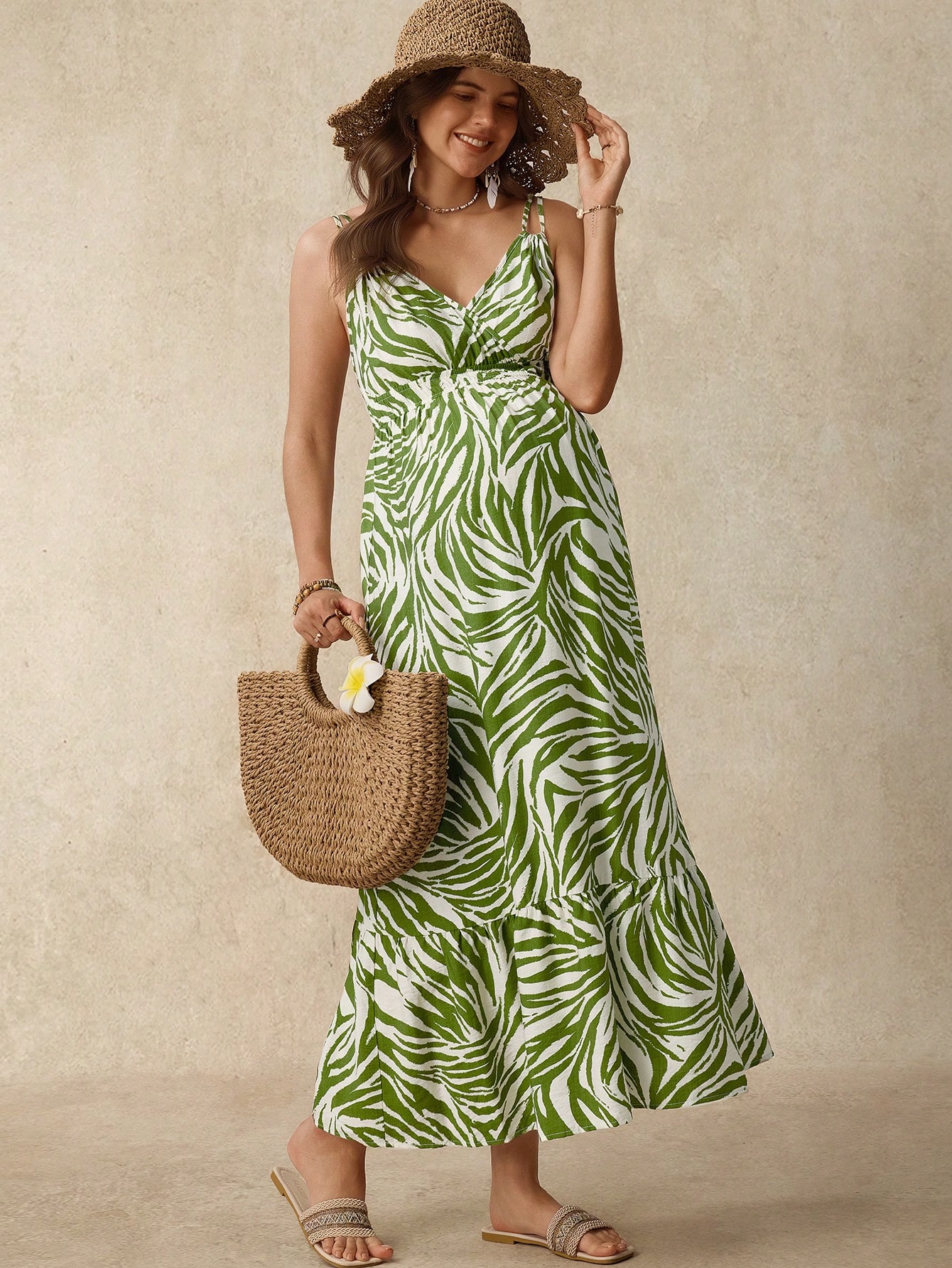 Boho mama mammakjole barselsferie casual all-over print spaghettistroppkjole sommerkjole mammakjole damekjole sommerkjole damekjole ferie ferieantrekk