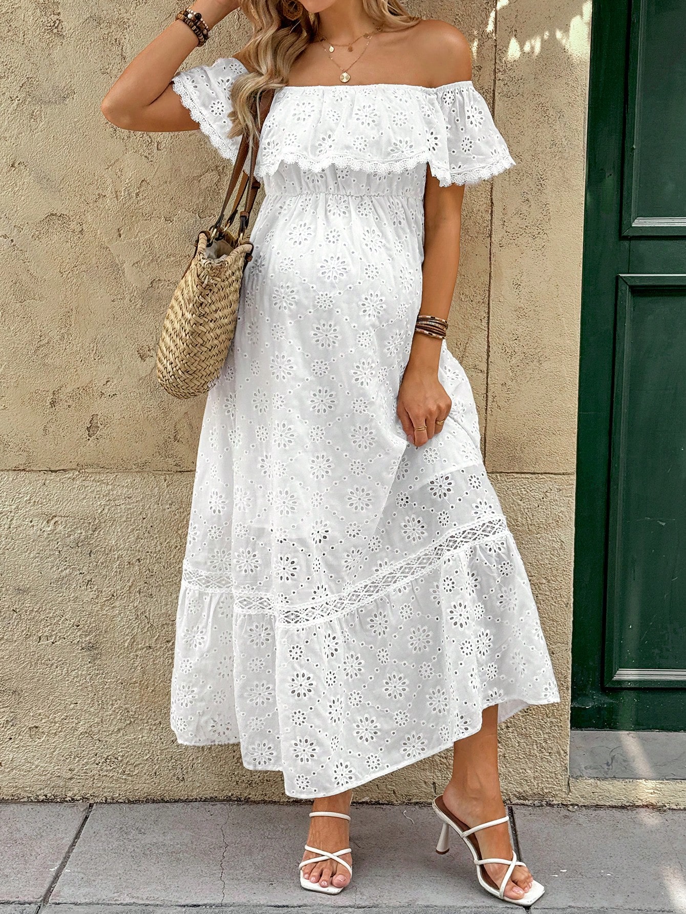 Mammakjole off shoulder hul ut broderi lang kjole ruffle ferie baby shower barselkjole mammakjole kvinners sommerkjole hvit kjole vevd broderi ferie hvit konfirmasjonskjole