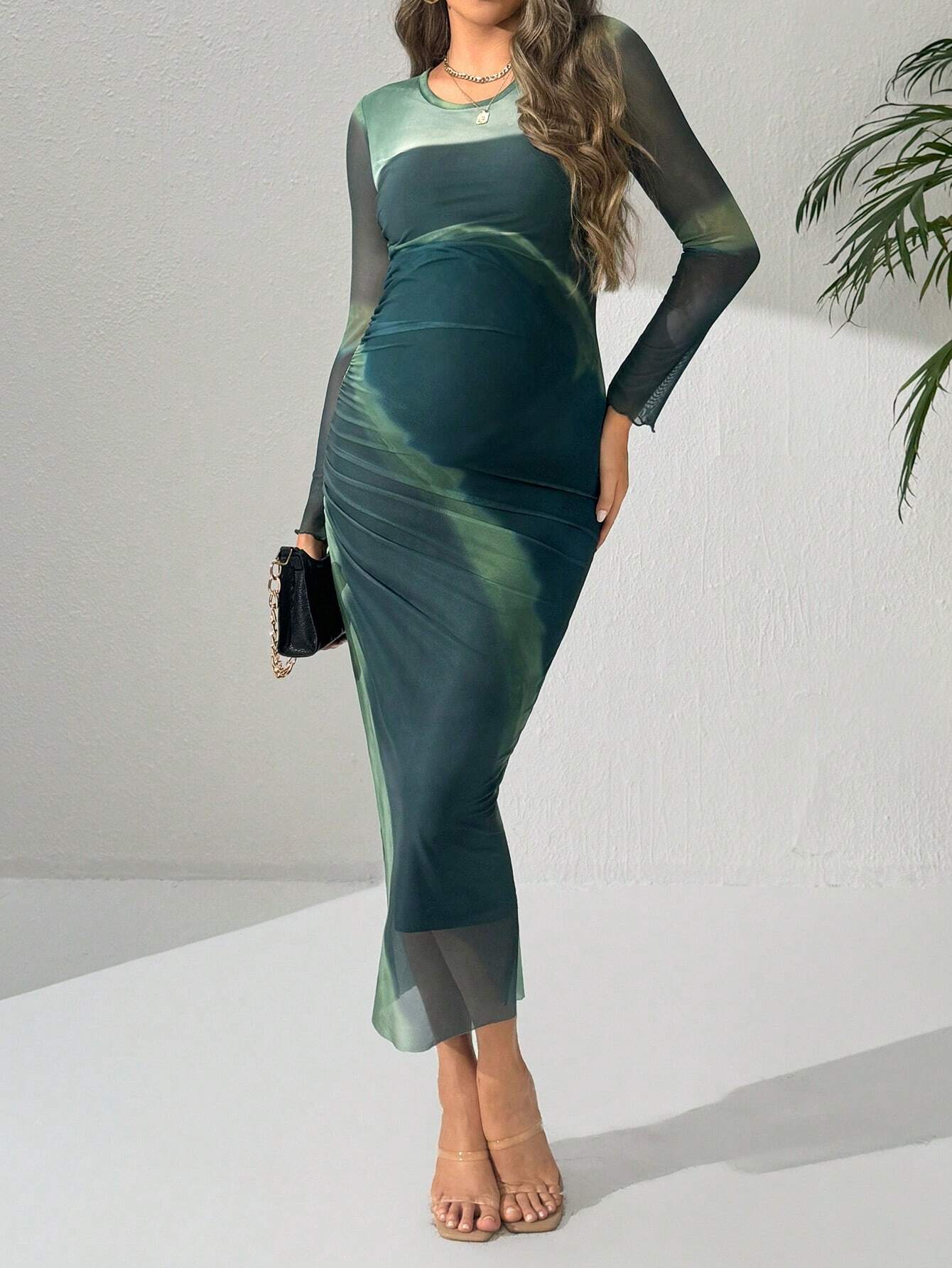 Rochie cu mâneci lungi pentru femei însărcinate, cu gât rotund și contrast de plasă, casual & vacanță pentru maternitate