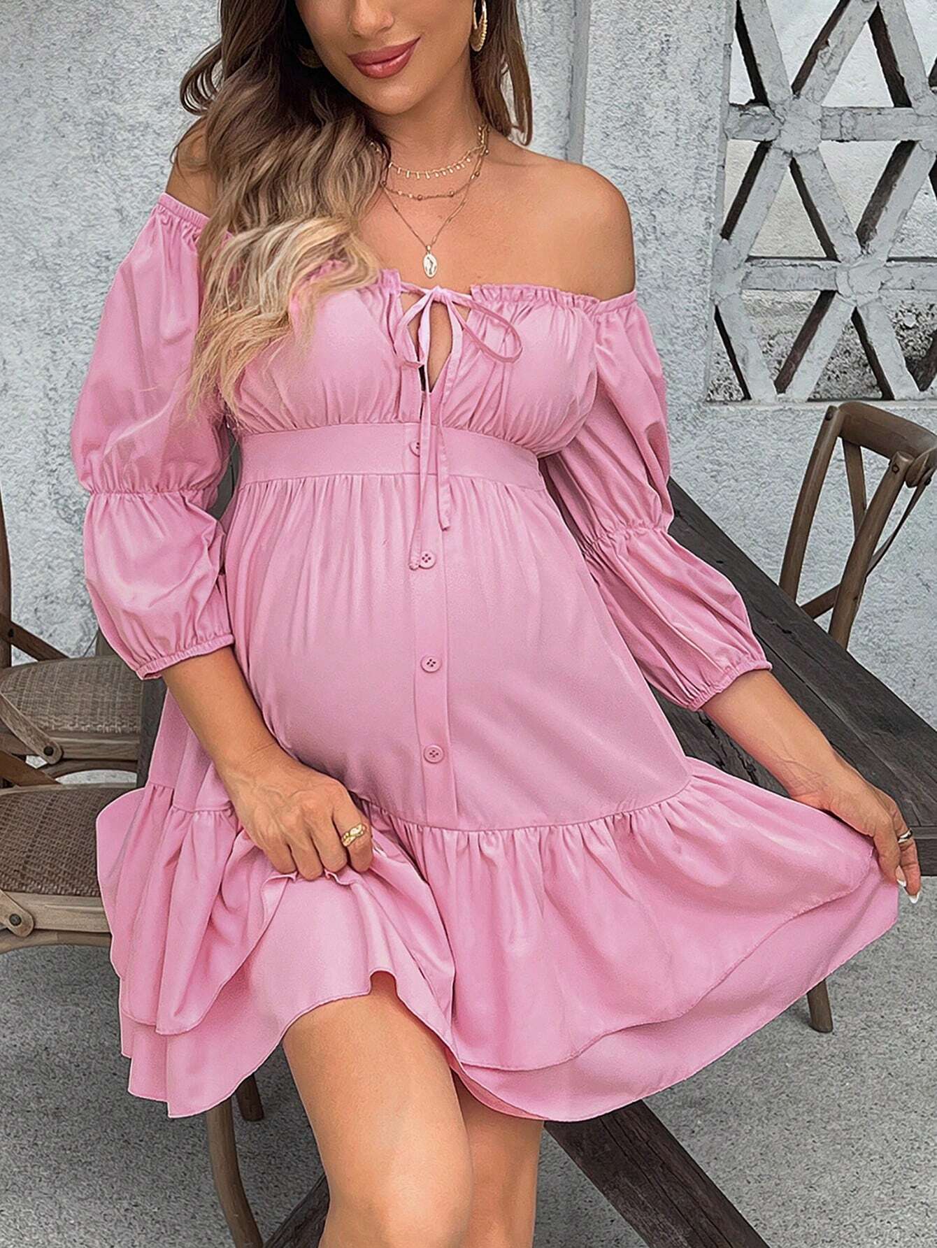 Rochie pentru maternitate rochie de vacanță casual de culoare solidă cu volane tiv cu volane rochie midi