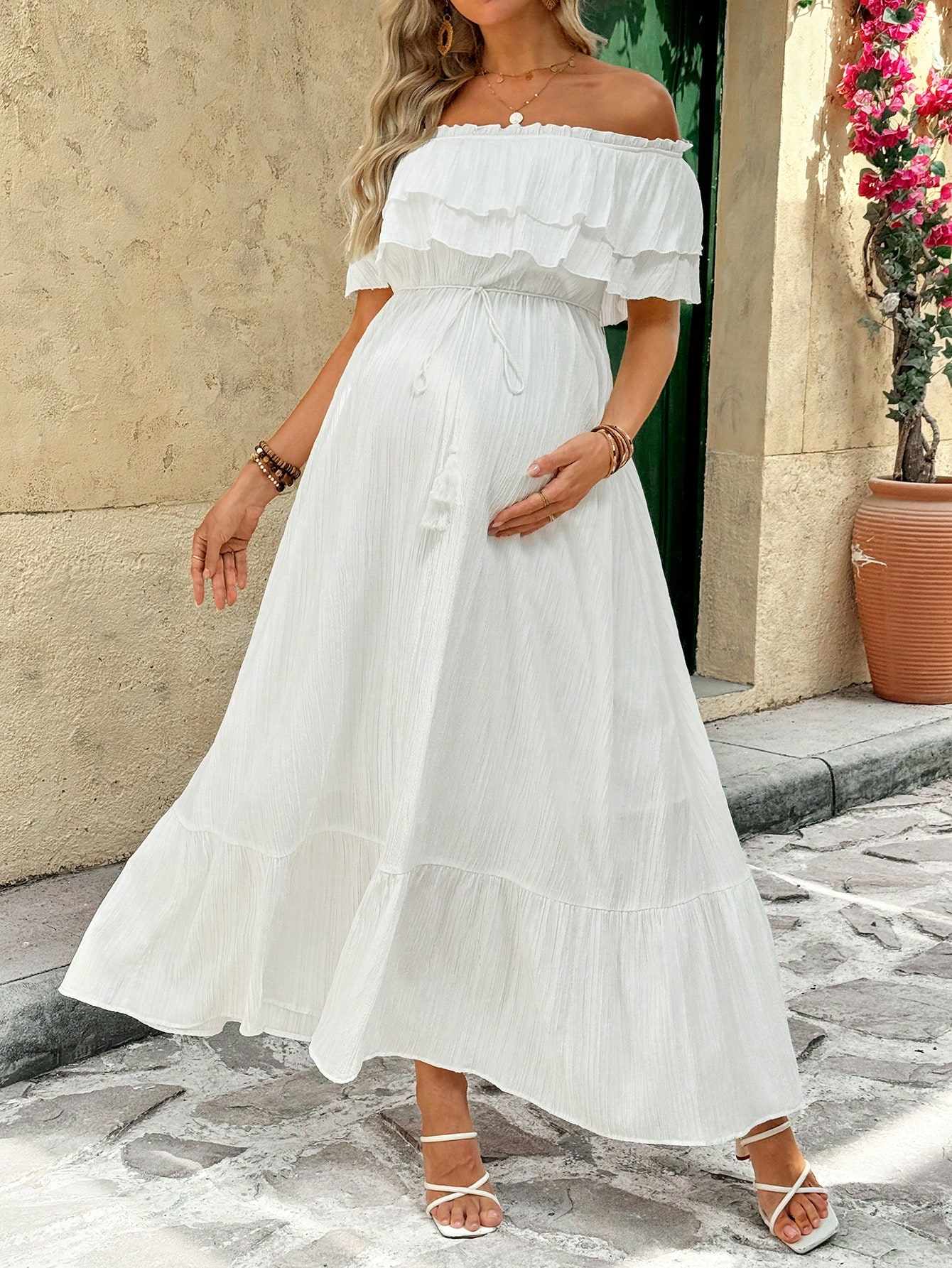 Femei însărcinate vacanță culoare solidă volan off shoulder rochie elegantă volan rochie albă femei rochie maxi rochie de vacanță femei rochie de vară rochie albă femei rochie albă femei vacanță de vară rochie albă de absolvire rochie de maternitate