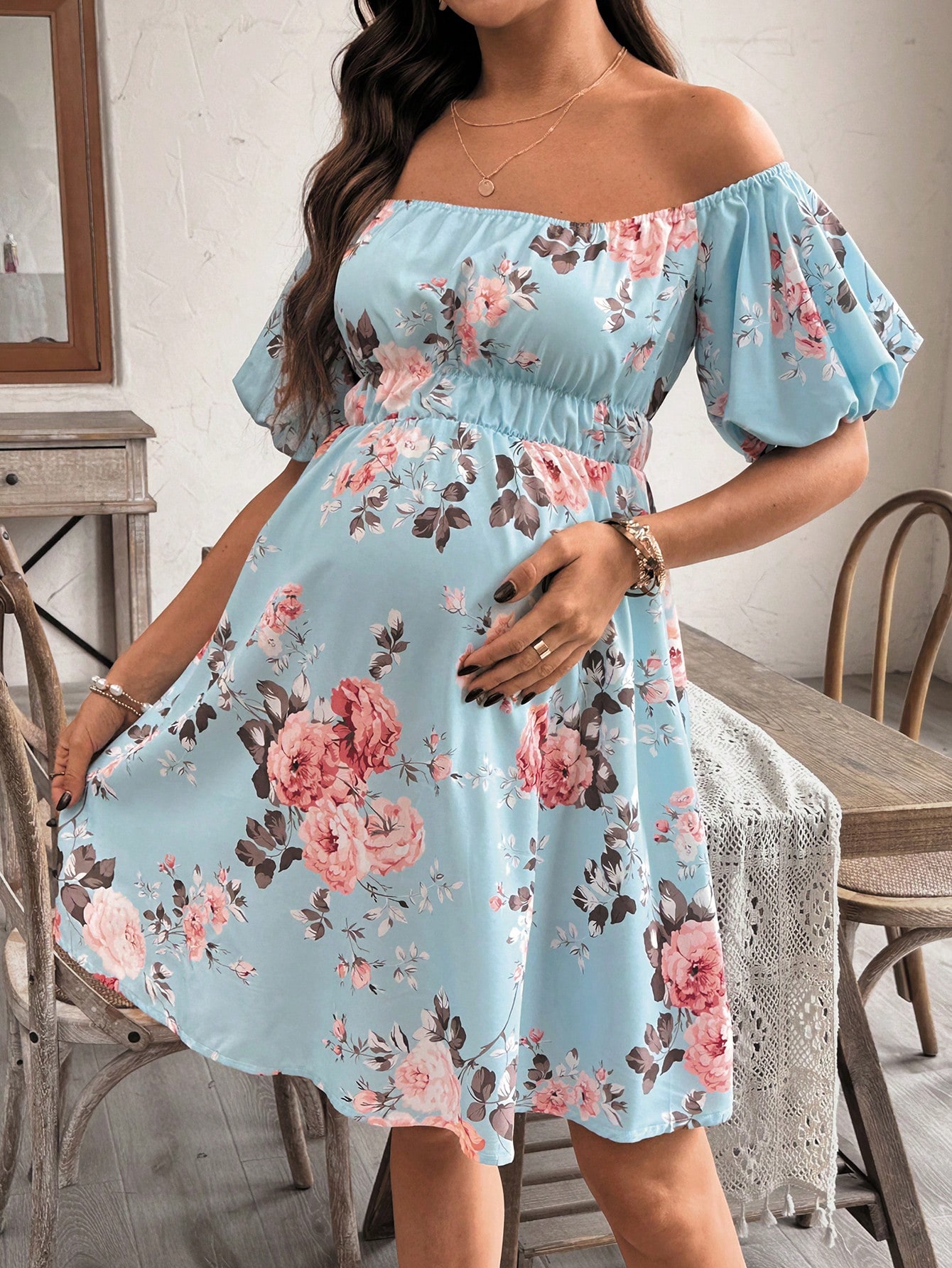 Rochie pentru gravide cu imprimeu floral, rochie midi fără umeri, vară