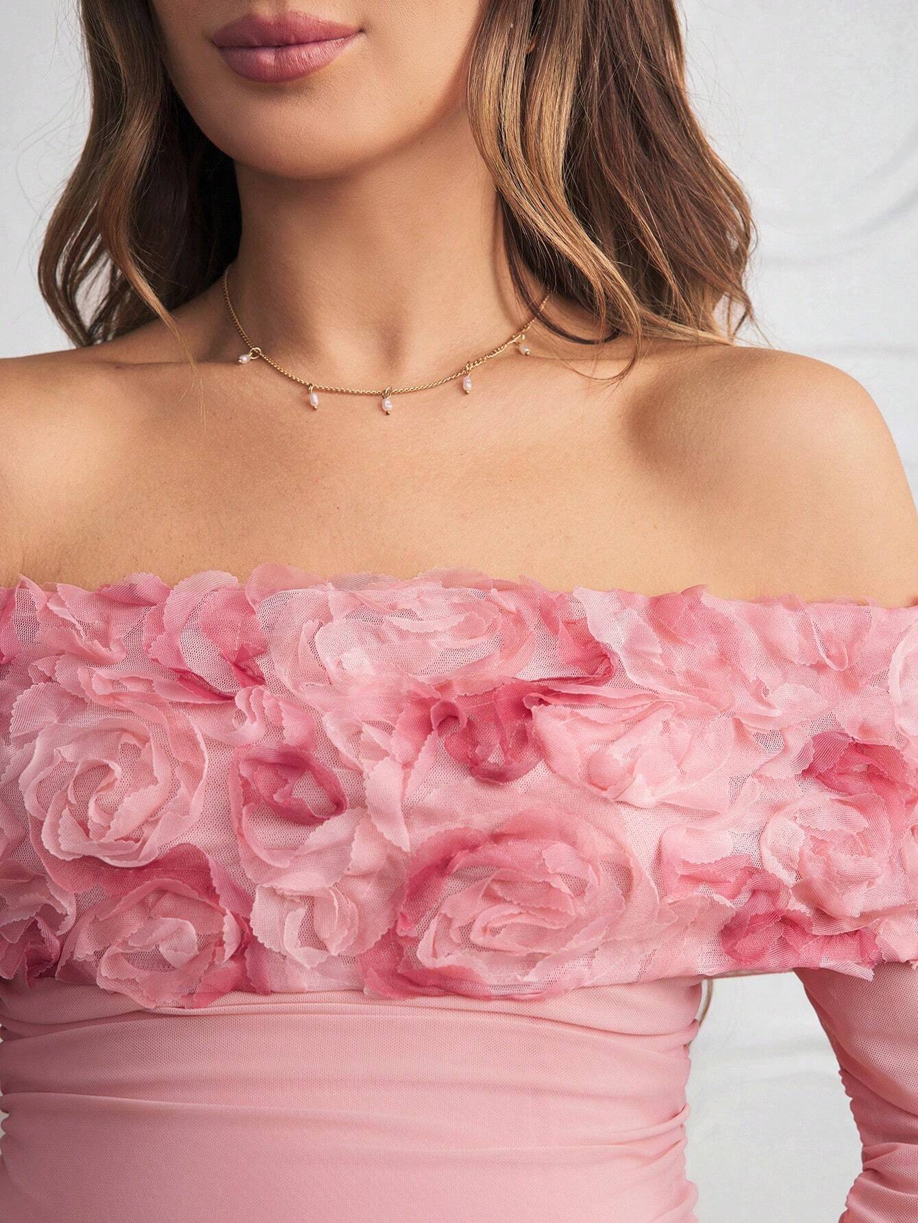 Rochie bodycon încrețită fără umeri pentru maternitate, rochie lungă elegantă pentru petreceri, roz
