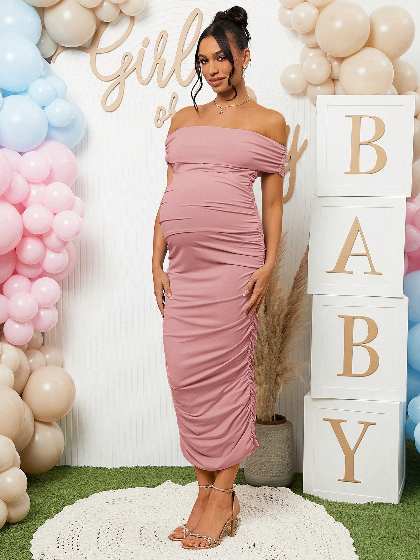 Rochie bodycon elegantă de maternitate de culoare solidă fără umeri cu volane, de vară