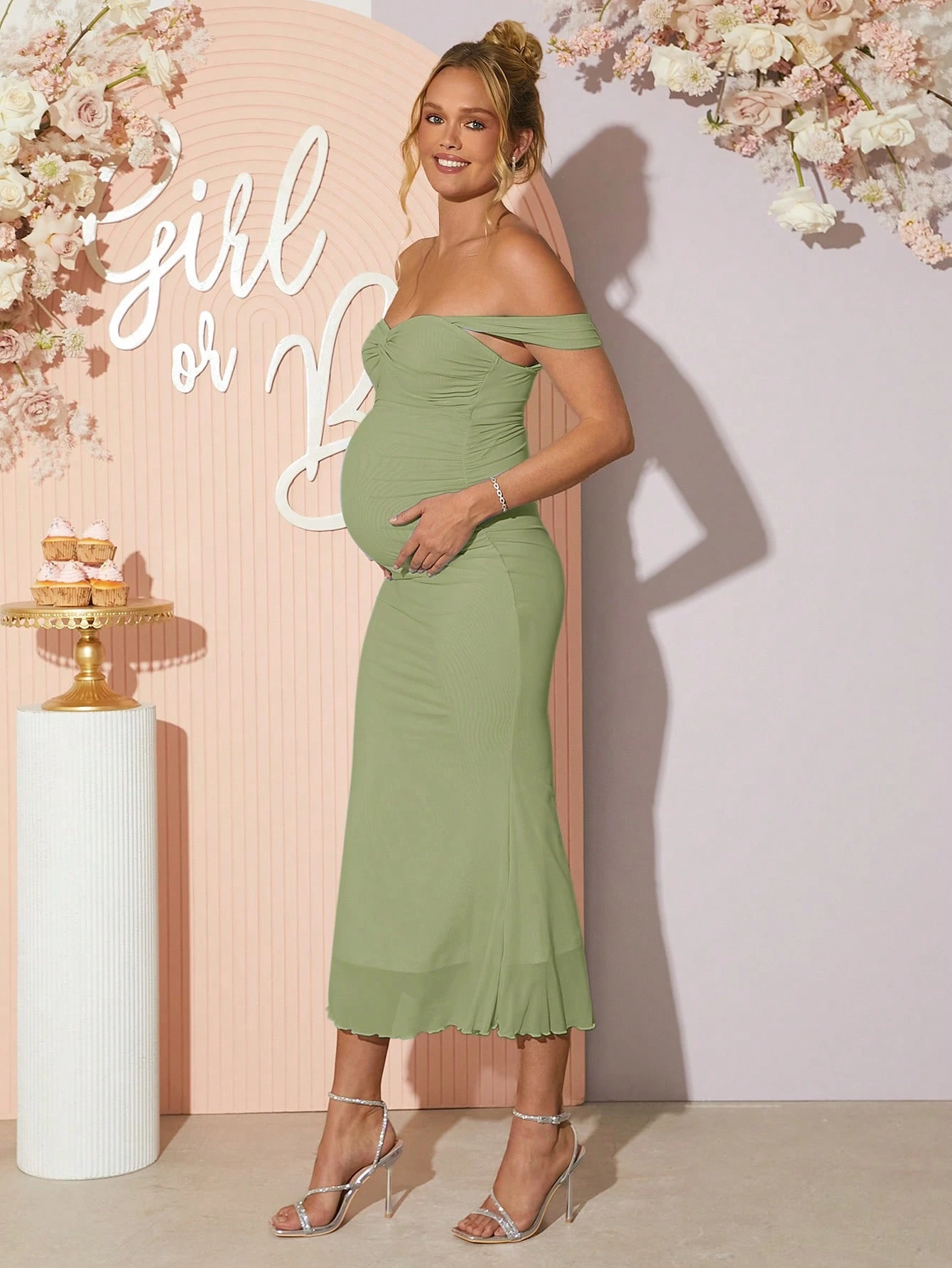 Rochie de maternitate fără umăr cu tiv plisat în coadă de pește, vară elegantă