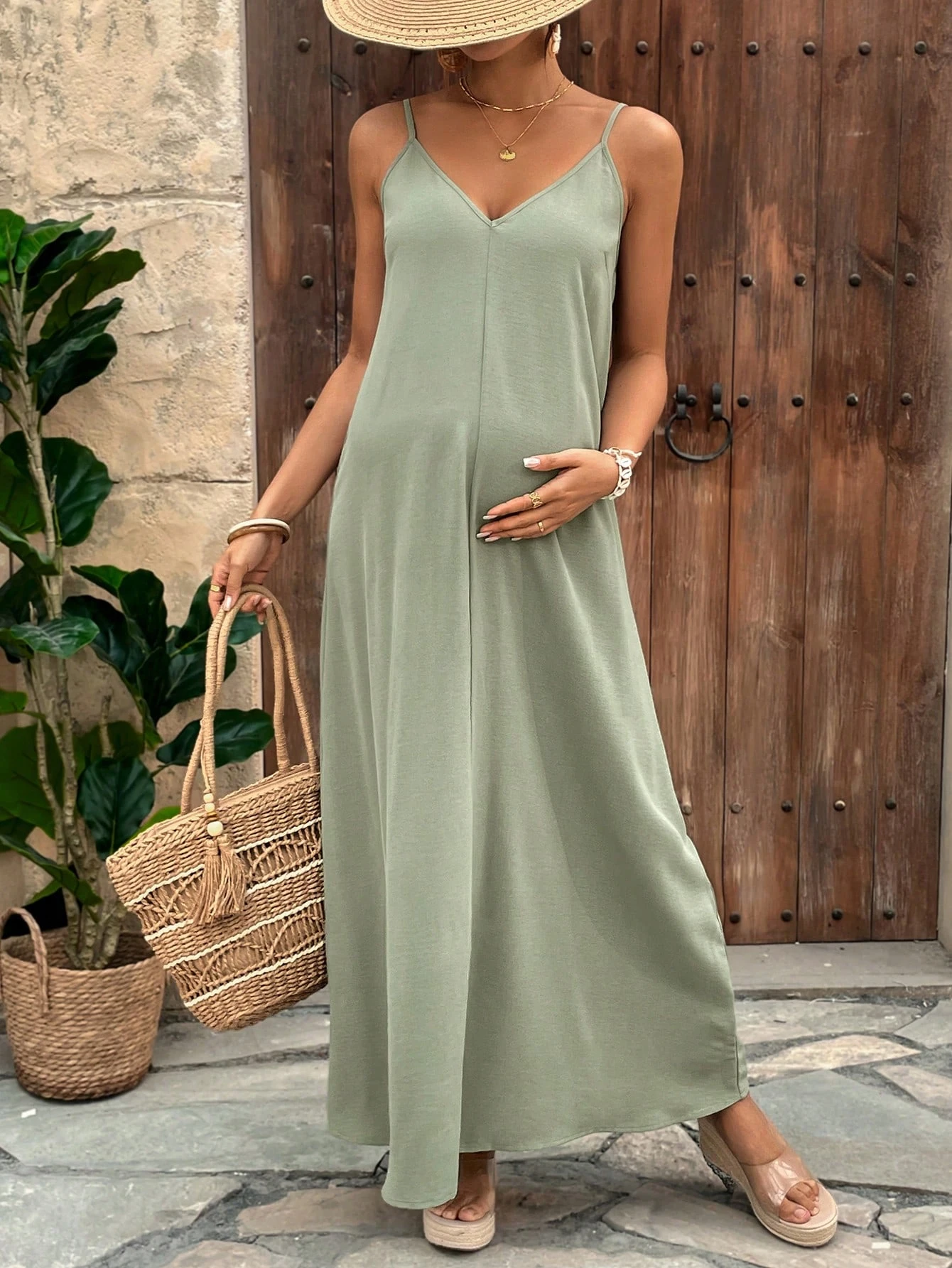 Rochie pentru gravide culoare solidă cu curea subțire casual rochie lungă cu curea spaghetti