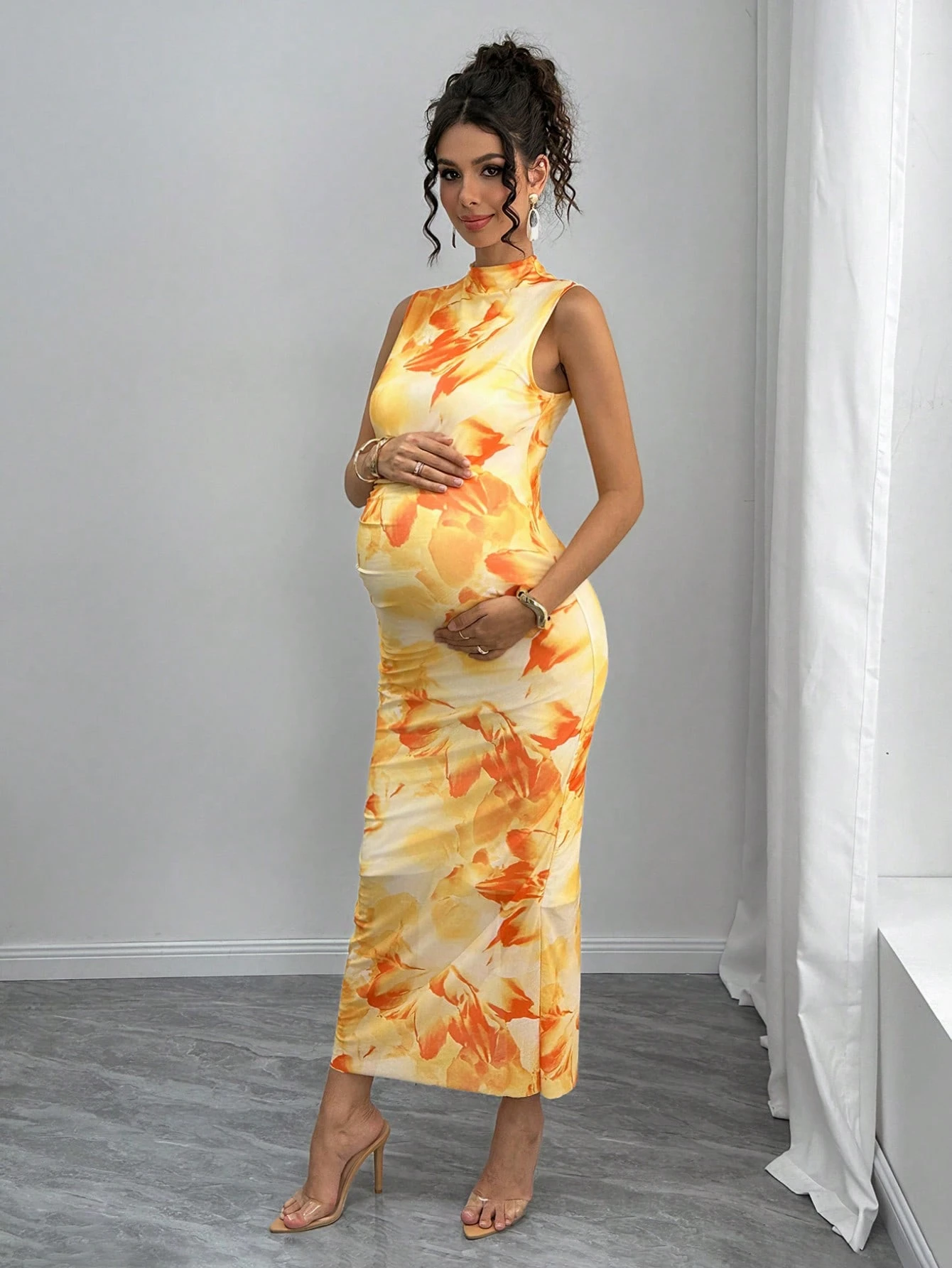 Rochie din plasă imprimată cu fantă laterală, fără mâneci, rochie de maternitate mulată